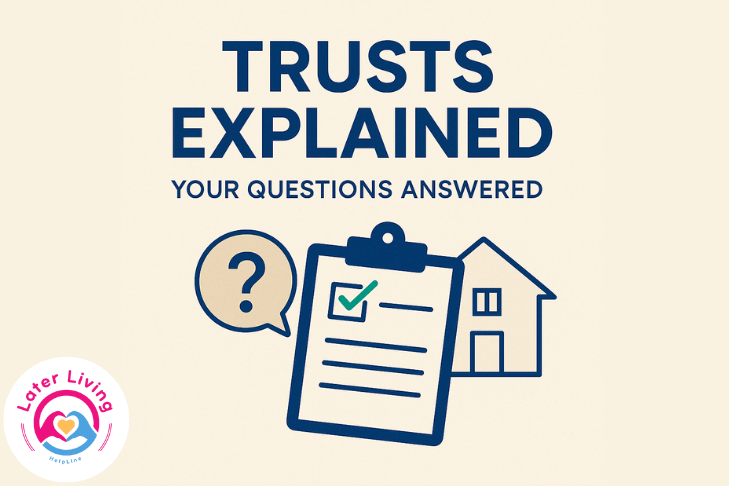 "Illustration showing a clipboard with a checkmark, a house icon, and a speech bubble with a question mark, alongside the text 'Trusts Explained – Your Questions Answered.