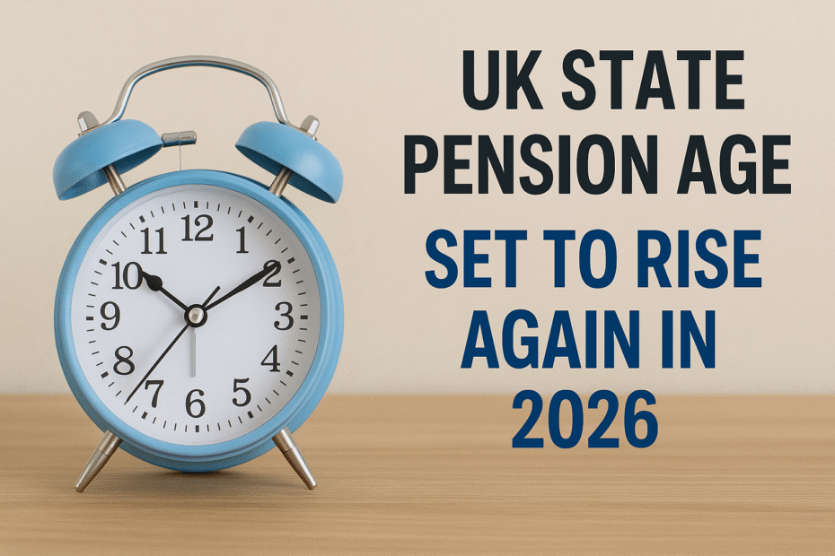 UK State Pension Age set to rise again in 2026 with a blue alarm clock and bold text announcement.
