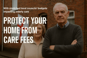 Elderly British couple outside their terraced home with a St George’s flag, symbolising the struggle to protect homes from care fees due to stretched council budgets.
