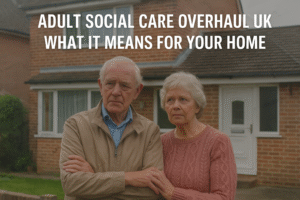 Elderly couple looking worried about losing their home to care fees in the UK