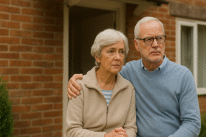 Elderly couple looking worried outside their red-brick home in the UK, symbolising homeowners at risk of losing their property to care fees.