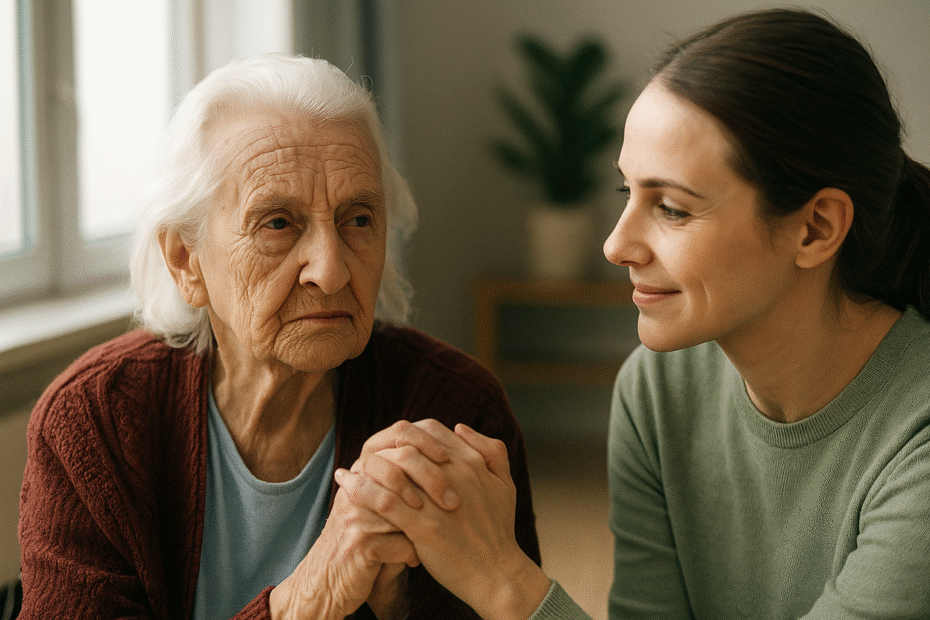 Elderly woman holding hands with her granddaughter in a care home, symbolising compassion and the cost of elderly care in the UK.