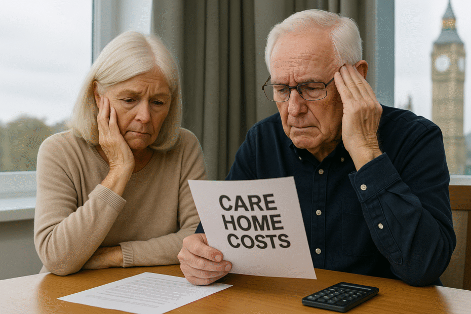 Elderly couple looking worried while reviewing rising care home costs at a table in a UK home, with Big Ben visible through the window in the background.