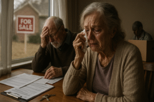 Elderly couple emotionally distressed as their home is forced to be sold to pay for care fees, with a “For Sale” sign visible outside and legal papers on the table.