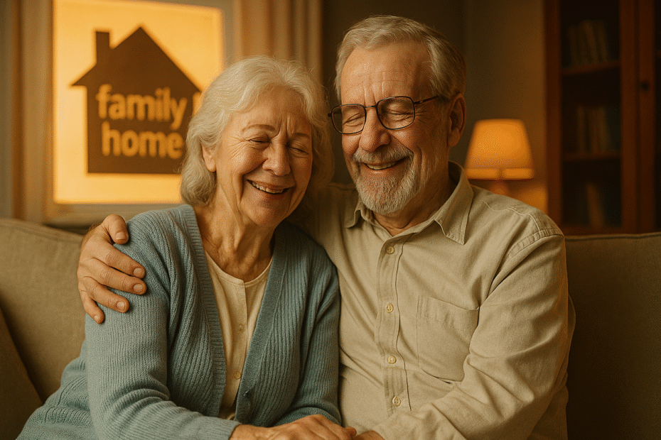 Elderly couple sitting safely together in their home, looking relieved after a dementia diagnosis, symbolising that a diagnosis does not always mean losing the family home to care fees.