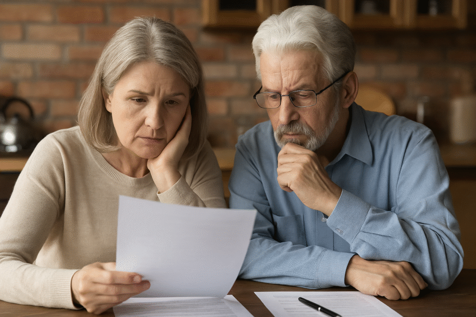 Elderly UK homeowners reviewing paperwork about protecting their home from care fees.