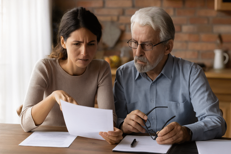 Adult child helping an elderly parent review Lasting Power of Attorney paperwork at home.
