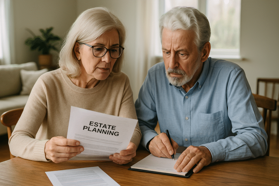 Elderly couple reviewing estate planning paperwork at home in natural light, ensuring their Will and LPAs are still up to date.