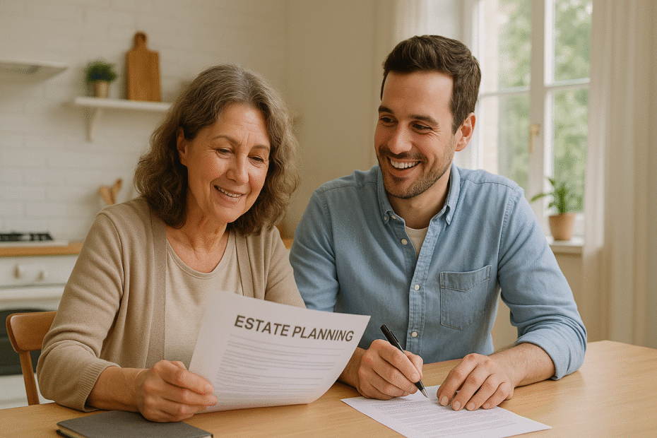 Mother and adult son discussing estate planning documents at home in bright natural light, symbolising family and future planning.