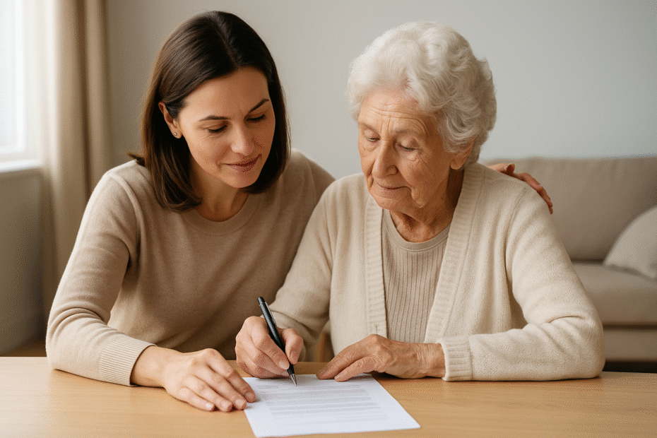 Adult daughter helping her elderly mother complete a Health and Welfare LPA document at home, symbolising care and decision-making.