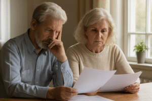 Elderly couple reviewing documents at home, looking concerned about the risk of their house being used to pay for care fees in the UK.