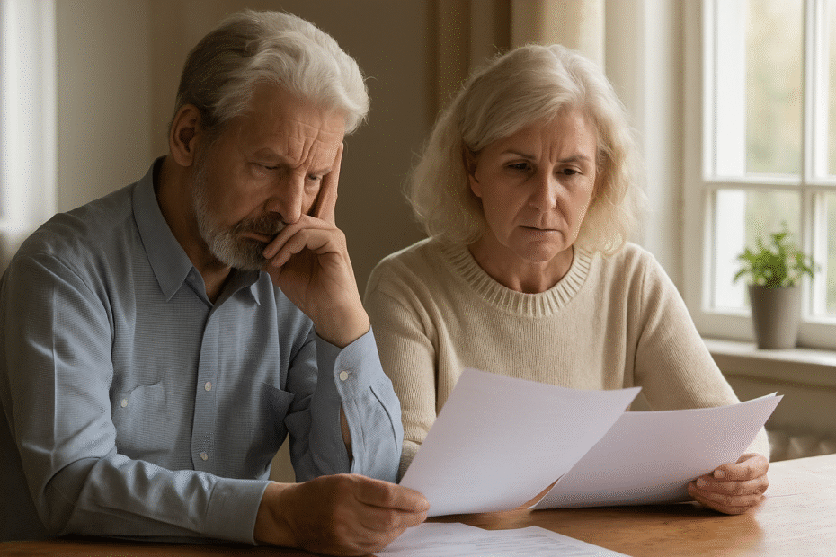 Elderly couple reviewing documents at home, looking concerned about the risk of their house being used to pay for care fees in the UK.