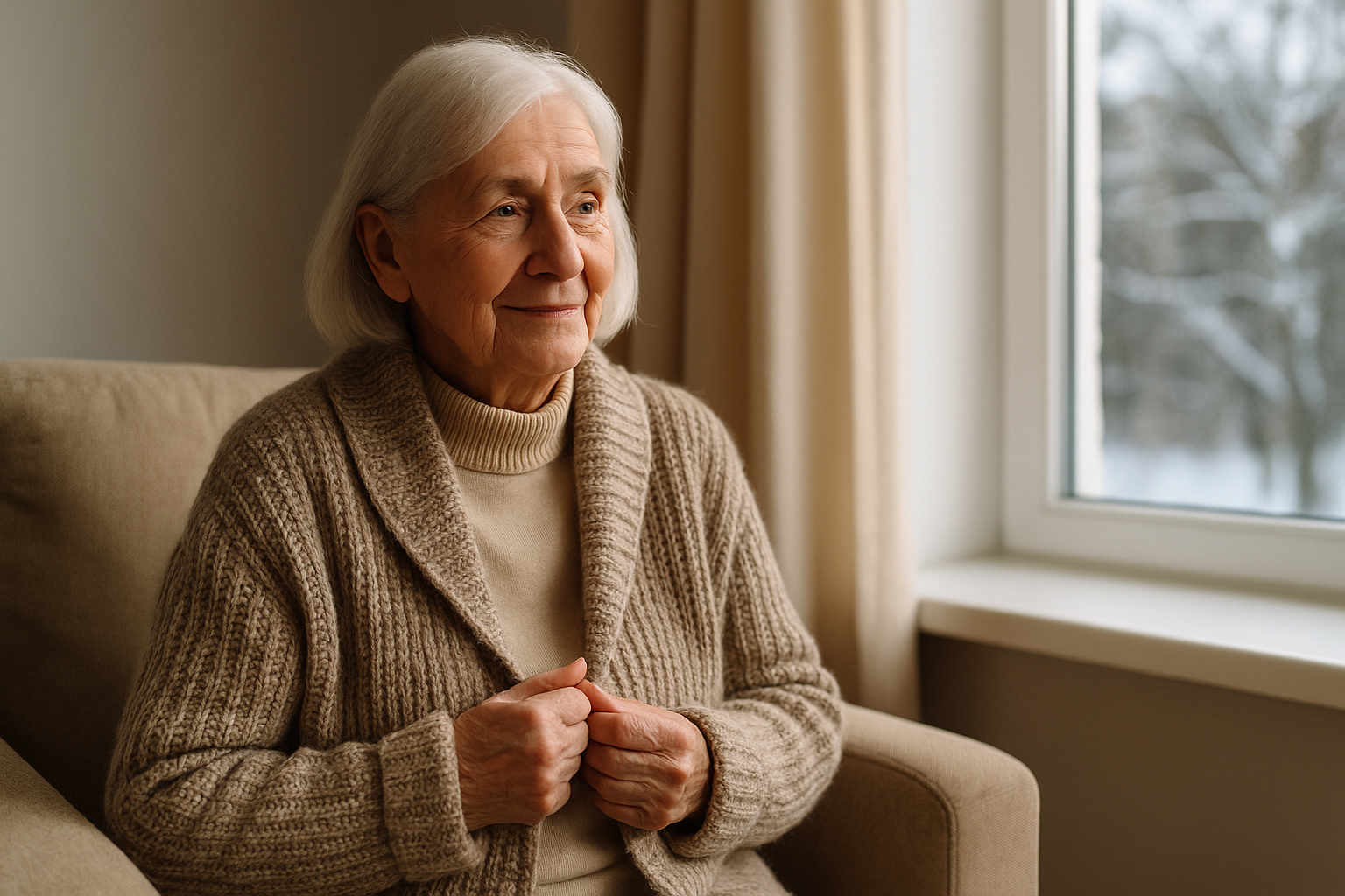 Elderly person sitting warmly indoors near a window during winter, representing support with heating costs through the Winter Fuel Payment