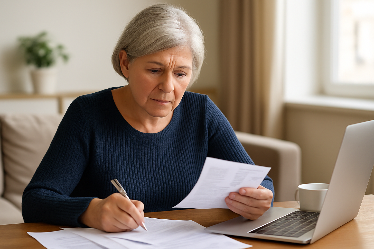 Older person reviewing household bills at home during the cost of living crisis representing support with managing expenses and boosting income