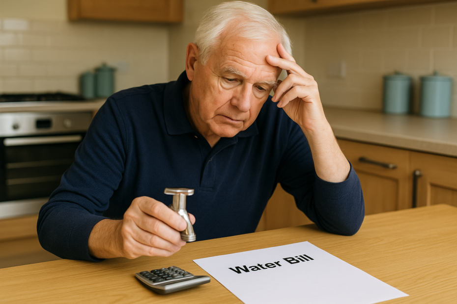 Older homeowner checking household water usage and bills at the kitchen table representing ways to reduce your water bills
