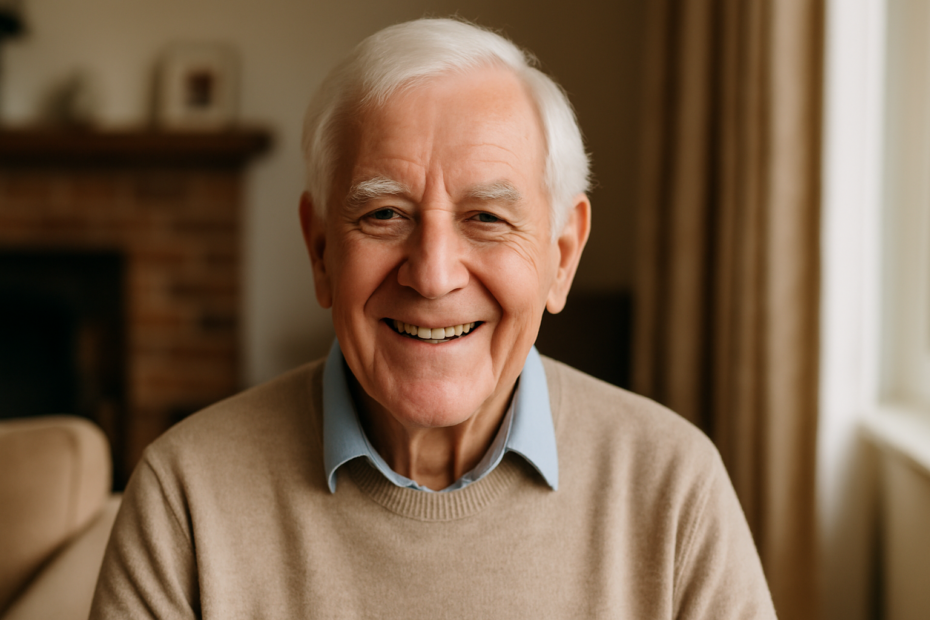 Older man with silver hair smiling warmly in his living room, looking relaxed and secure after getting extra financial support during the cost of living crisis