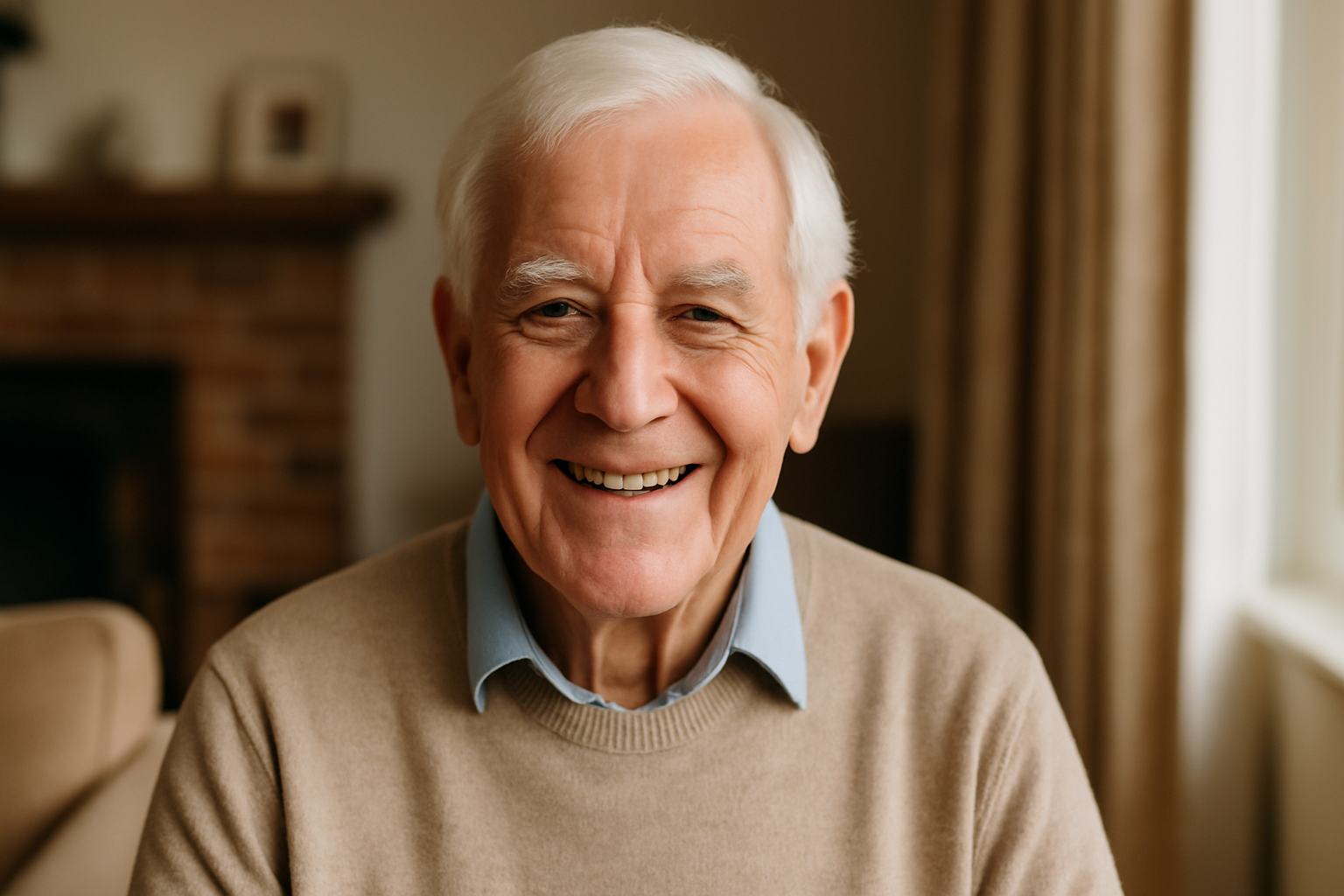 Older man with silver hair smiling warmly in his living room, looking relaxed and secure after getting extra financial support during the cost of living crisis