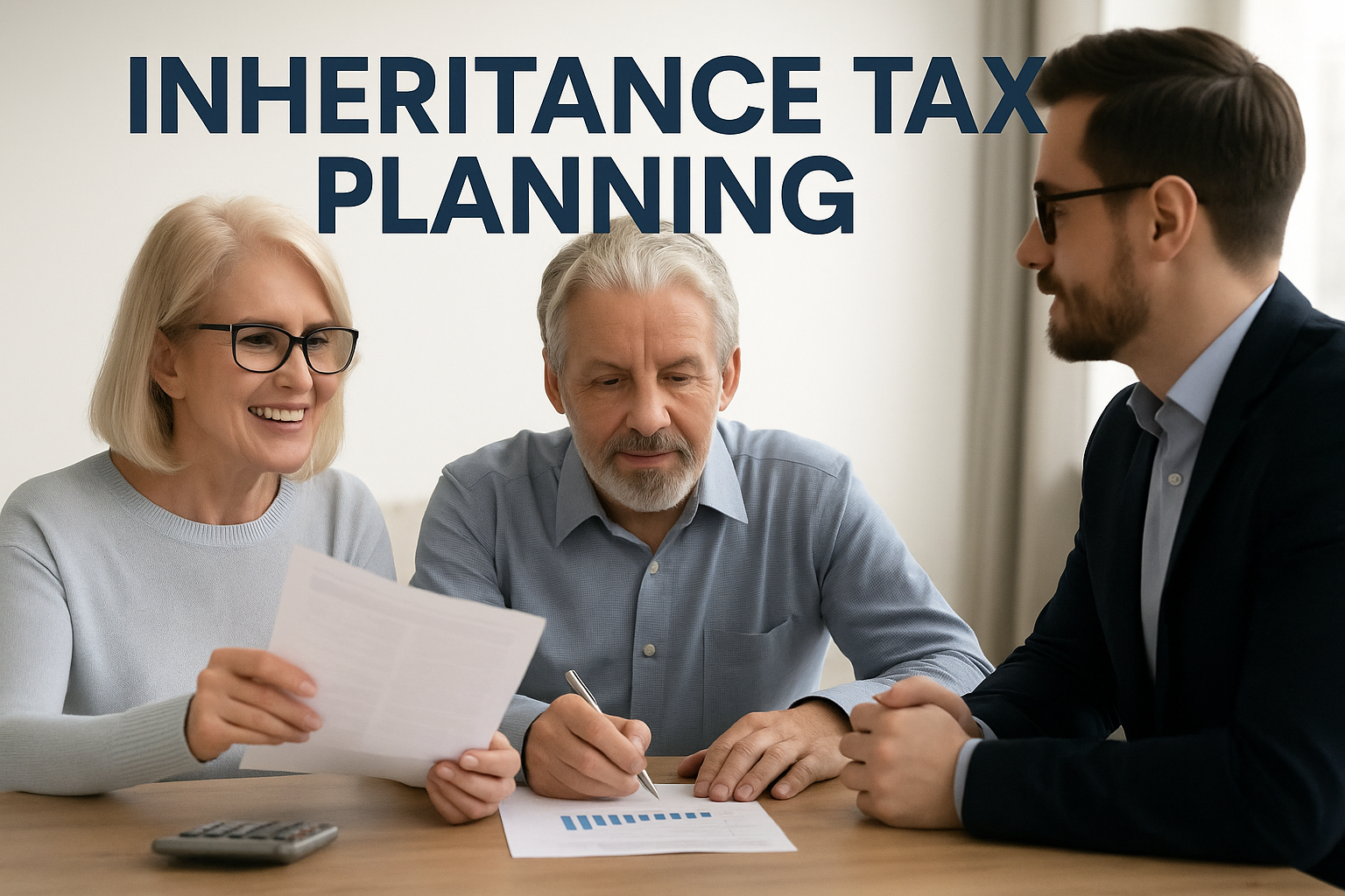 Older British couple meeting with a financial advisor to discuss inheritance tax planning, reviewing documents together at a table