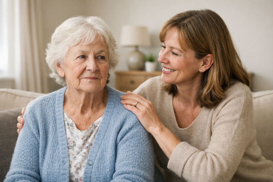 Older adult with dementia receiving calm, supportive reassurance from a family member at home