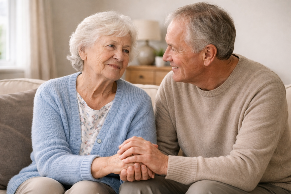 Older adult with dementia being comforted by their partner at home, holding hands in a calm supportive environment