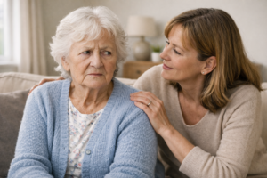 Caregiver gently comforting an older adult with dementia who is upset or suspiciou, in a calm home setting