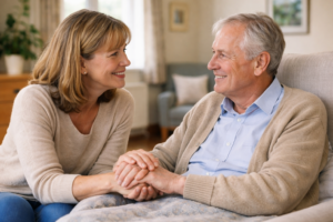 Adult visiting partner in a care home, holding hands and smiling in a calm supportive environment