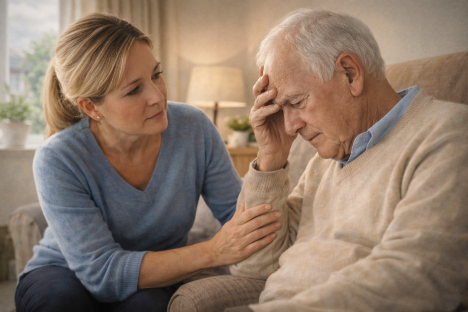Caregiver listening empathetically to an older adult with dementia in a warm UK home environment, providing emotional support and reassurance.