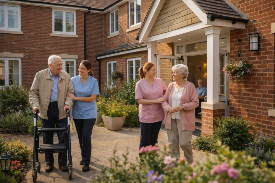 Care home exterior in the UK with friendly staff and happy residents, showing a calm and welcoming environment for later-life support.