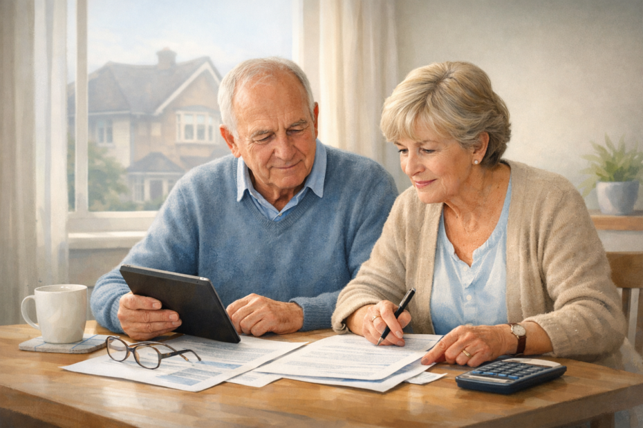 Older UK homeowners reviewing paperwork at home while planning how to pay for elderly care in the UK