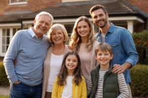 British family standing outside their home, representing capital protection trusts and long-term family asset protection in the UK