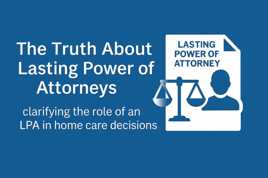 Adult children discussing care plans with an elderly parent at home, highlighting the limits of Lasting Power of Attorney and safe dementia care in the UK