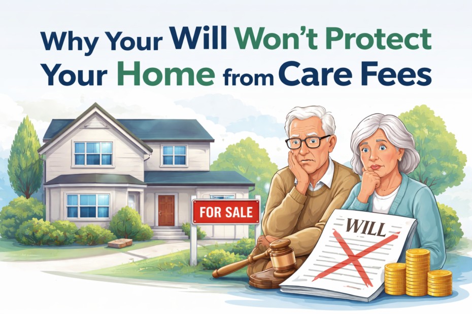 Illustration of an elderly couple worried about care fees, a house with a 'For Sale' sign, a crossed-out will, a gavel, and coins, highlighting that a will does not protect your home from care costs.