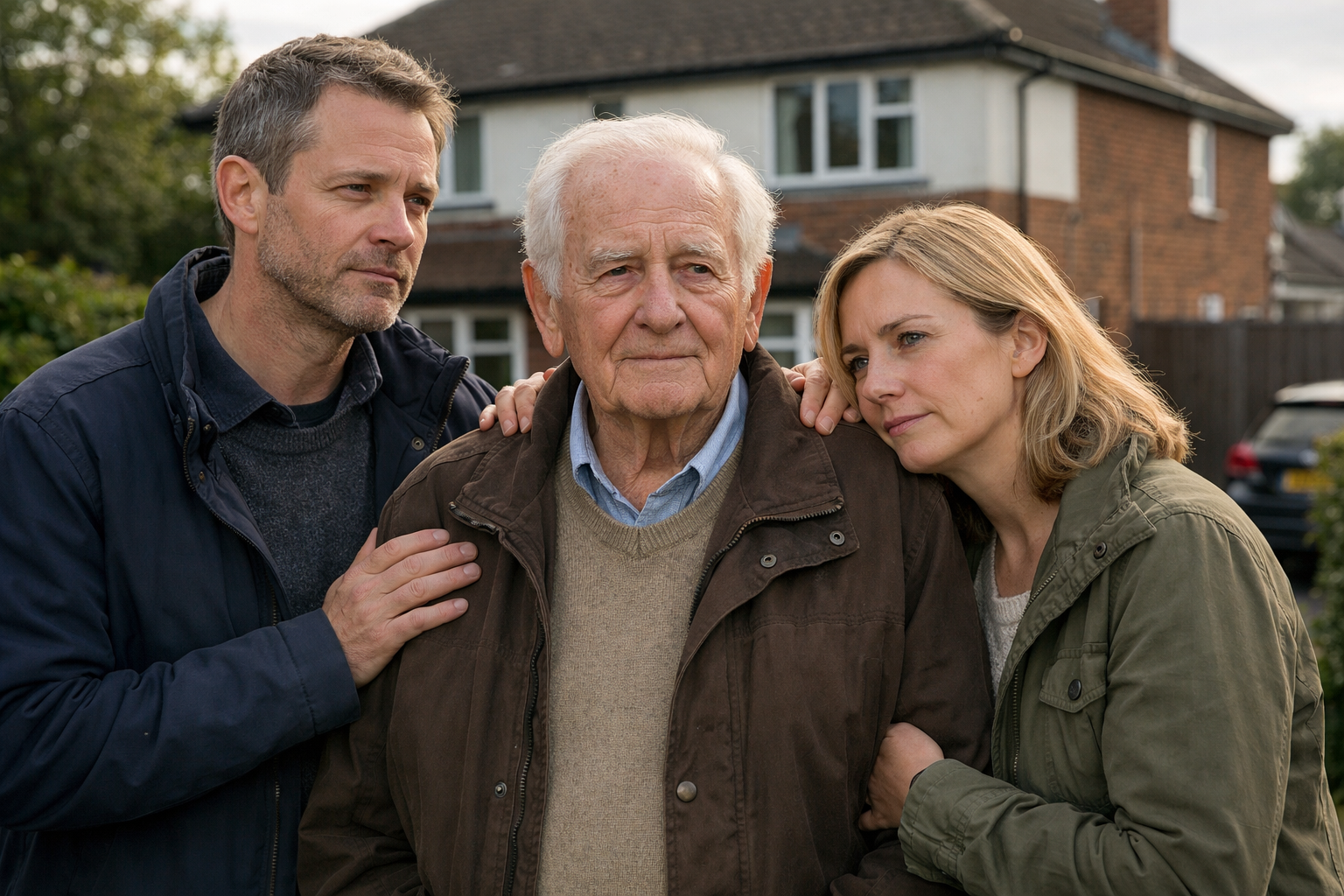 Elderly British man standing with his adult son and daughter outside a modest family home in Bedfordshire, showing support and concern about elderly care and inheritance planning.