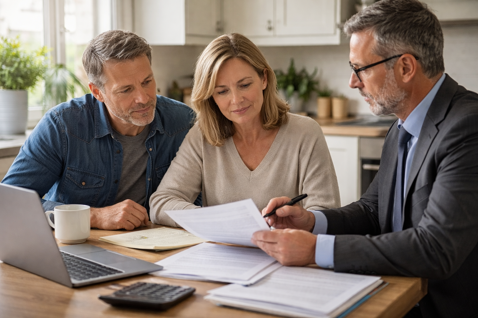 Middle-aged British couple reviewing legal documents with a professional estate planner at a kitchen table in a modern UK home, discussing will writing and estate planning.