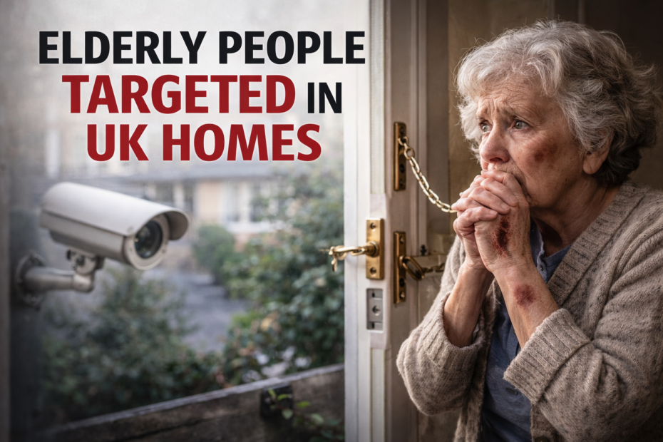 An elderly woman standing at her front door, looking concerned, with a visible security chain and CCTV camera outside, highlighting the risk of home burglaries targeting older people.