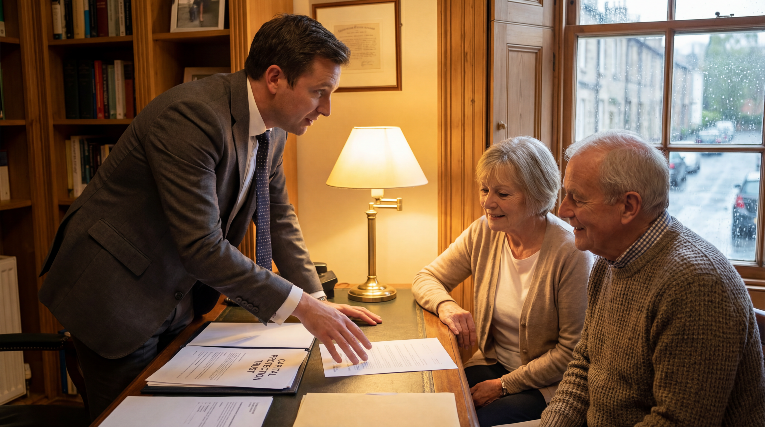 Elderly couple receiving advice on a Capital Protection Trust from a professional advisor at home