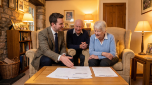 Advisor explaining Capital Protection Trust vs Asset Protection Trust to an elderly couple at home