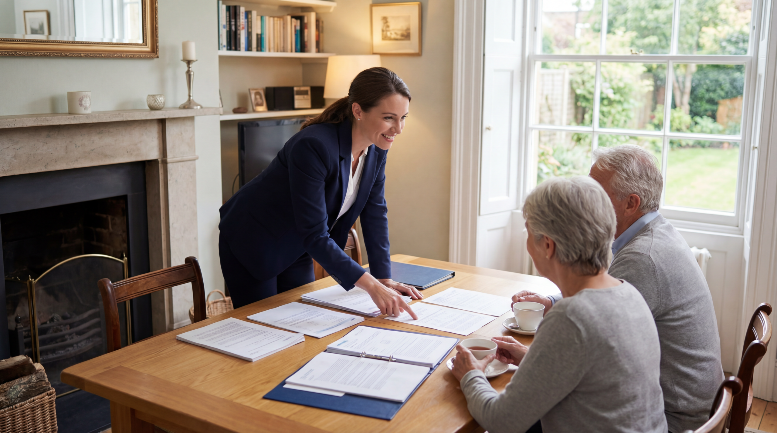 Elderly couple discussing care costs and estate planning with a professional advisor at home, documents on table, warm lighting, UK setting, calm and reassuring atmosphere