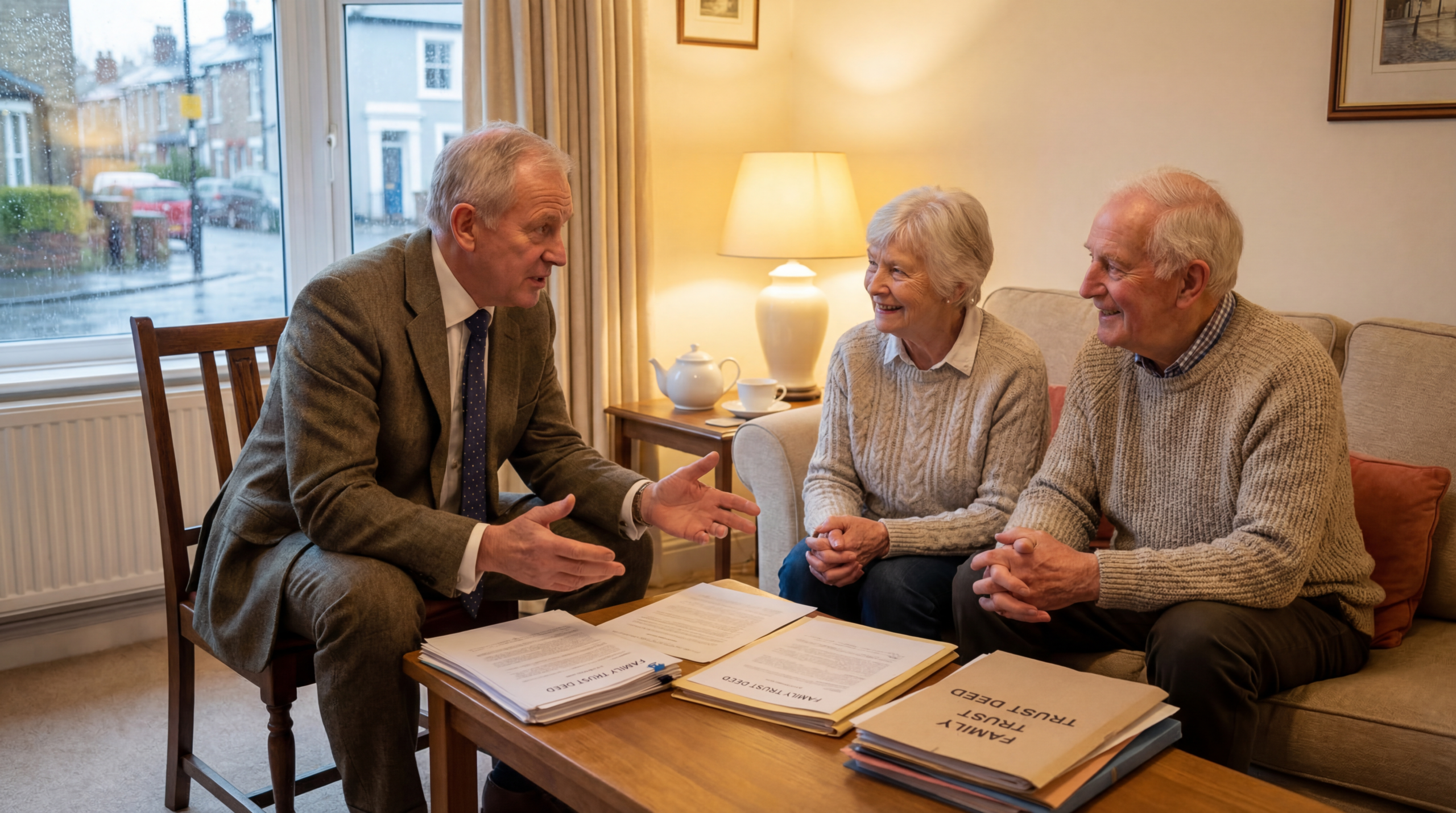 Advisor explaining whether trusts are safe in the UK to an elderly couple at home