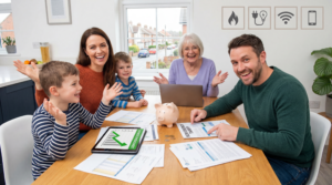 UK family happily reviewing household bills at home, discovering they can save £400 a year by bundling gas, electricity, broadband, and mobile services.