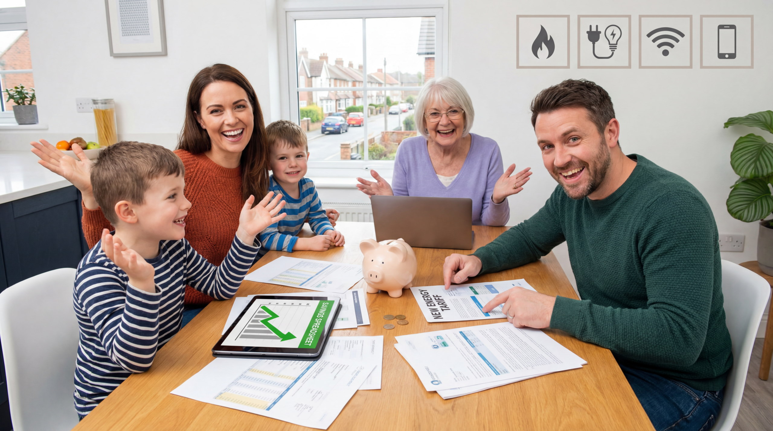 UK family happily reviewing household bills at home, discovering they can save £400 a year by bundling gas, electricity, broadband, and mobile services.