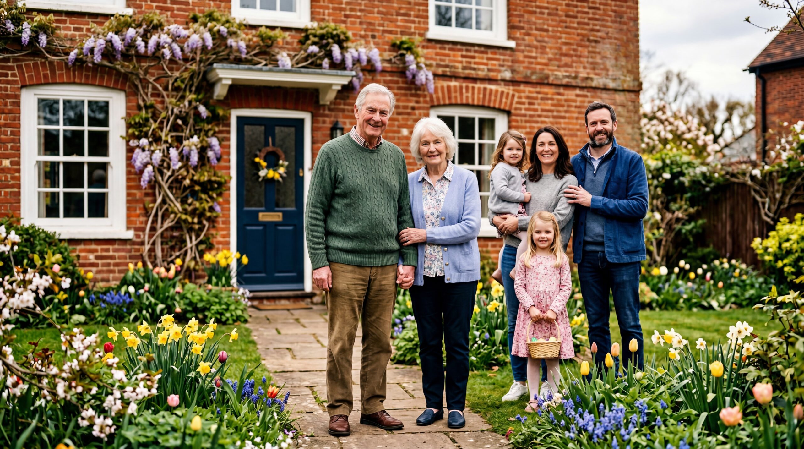 Elderly couple with family outside UK home at Easter representing estate planning advice and protecting family future