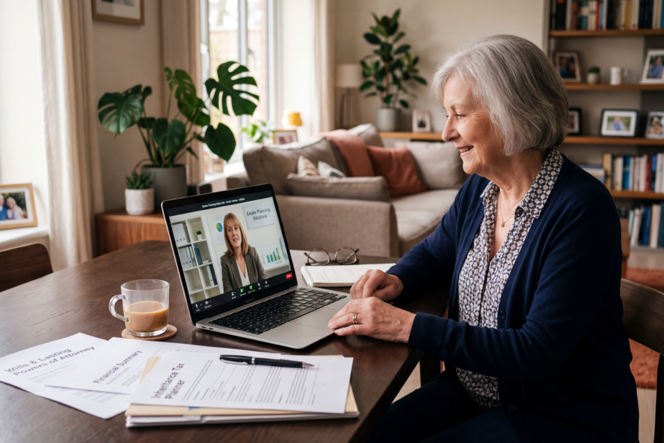 Homeowner attending a free estate planning review video call with an estate planner, discussing asset protection and care fees