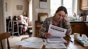 Daughter caring for elderly mother at home while reviewing bills and care home fees UK paperwork at kitchen table