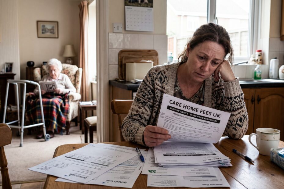 Daughter caring for elderly mother at home while reviewing bills and care home fees UK paperwork at kitchen table