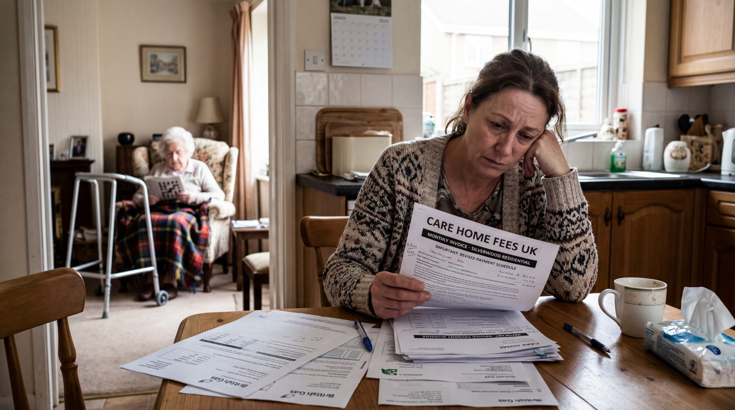 Daughter caring for elderly mother at home while reviewing bills and care home fees UK paperwork at kitchen table