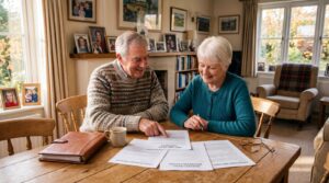 Older couple reviewing estate planning and inheritance documents while discussing passing their family home to future generations.