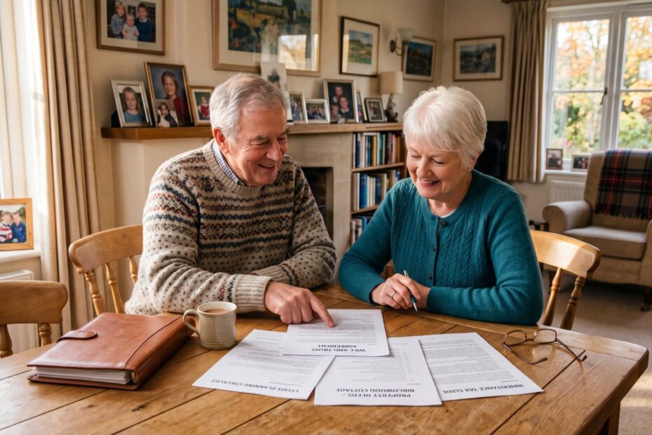 Older couple reviewing estate planning and inheritance documents while discussing passing their family home to future generations.