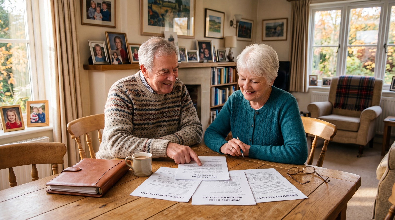 Older couple reviewing estate planning and inheritance documents while discussing passing their family home to future generations.