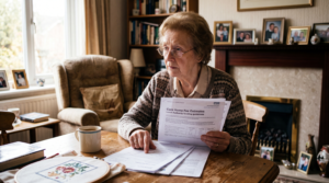 Elderly person receiving care and support at home while discussing future care funding concerns with a family member